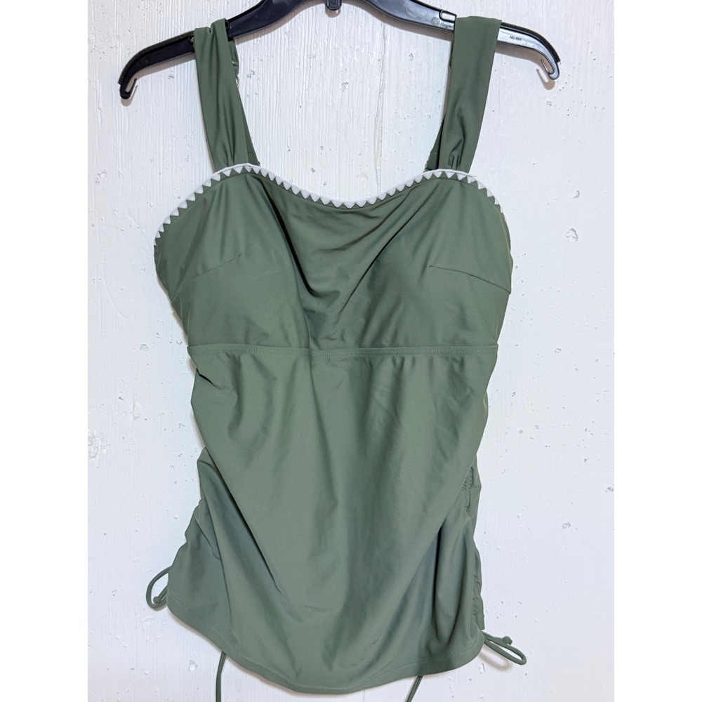 Olive Green Ruched Tankini Top with Scalloped Trim and Adjustable Straps